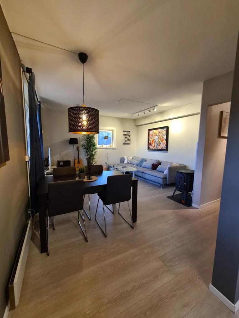 Romslig stue med god plass til sofaløsning og spisebord (avbildet sofa og spisebord inkludert)